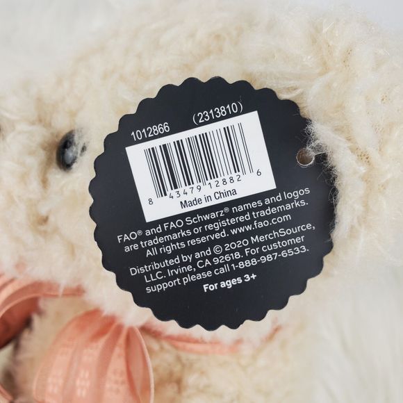 Fao Schwarz Cream Fuzzy Peach Striped Bow Teddy Bear Plush 9.5" NWT - Picture 14 of 14